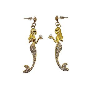 Mermaid Earrings Sparkly Dangling Shimmery Gold Plated Pave Crystals Faux Pearls